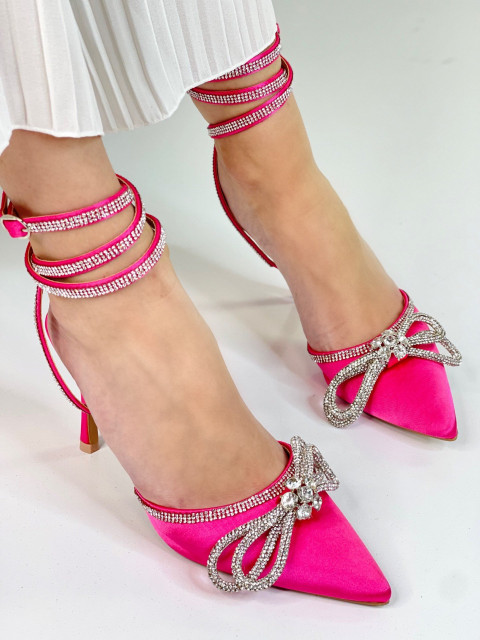 Exkluzivní dámské sandály s ozdobnými kamínky a mašlí - fuchsiové