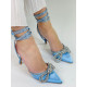 Exkluzivní dámské sandály s ozdobnými kamínky a mašlí - modré