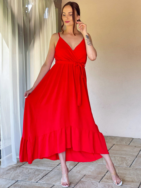 Dámské šaty s volánem a páskem na ramínka - červené