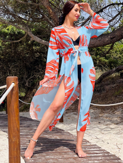 Dámské dlouhé exkluzivní kimono s páskem - světle modré