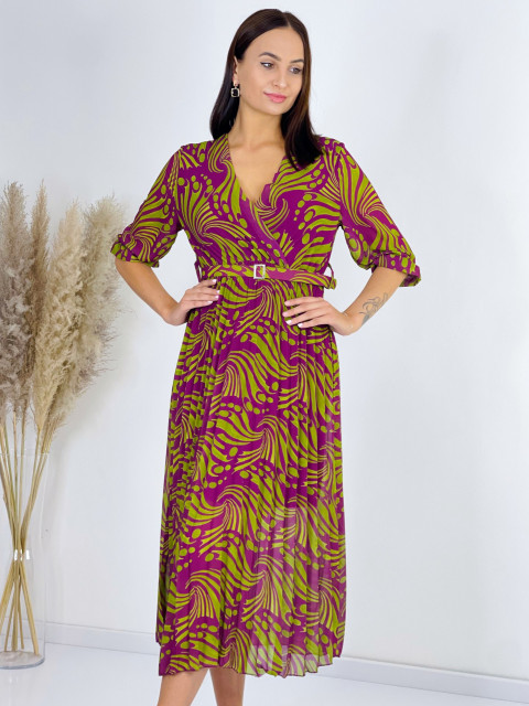 Dámské dlouhé vzorované šaty s páskem - fialové