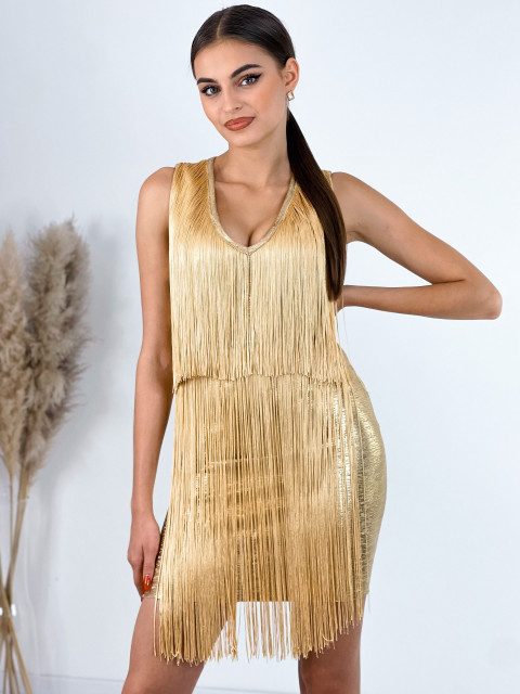 Exkluzivní dámské zlaté společenské šaty s třásněmi