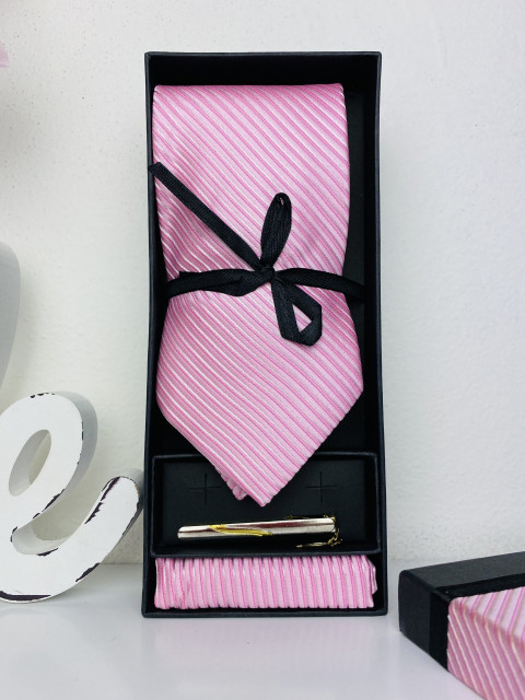 Pánský růžový 3 dílný set: kravata, kapesník a spona