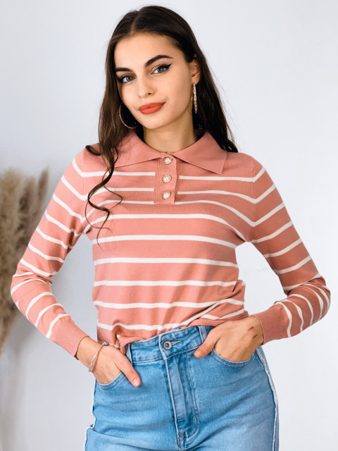 Dámský pruhovaný svetr s knoflíčky - růžový