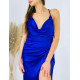 Exkluzivní modré saténové společenské šaty s rozparkem