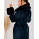Dámský černý zimní kabát s kožešinou a páskem