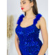 Flitrované dámské společenské šaty s peříčky na ramínkách - modré