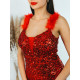 Flitrované dámské společenské šaty s peříčky na ramínkách - červené