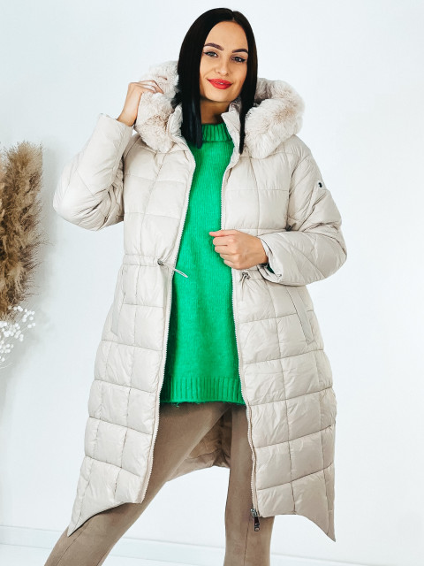 Dámská prošívaná zimní bunda s kožešinovou kapucí - béžová