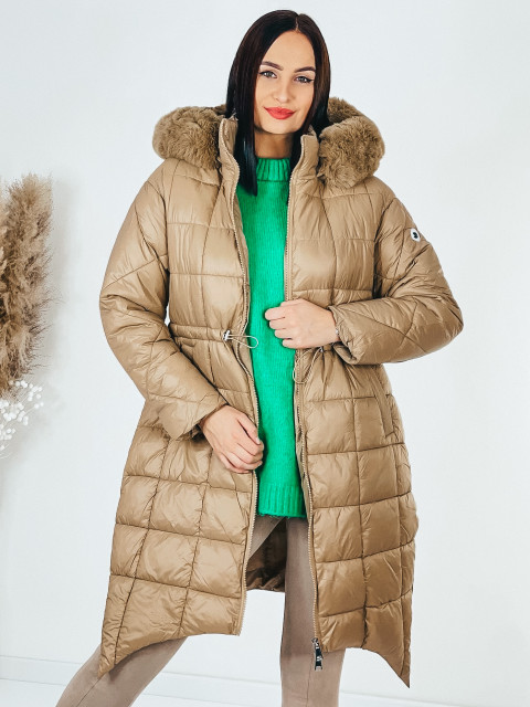Dámská prošívaná zimní bunda s kožešinovou kapucí - hnědá