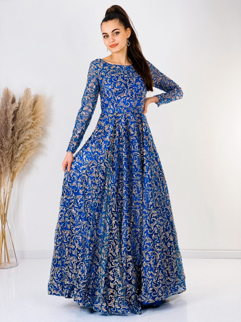 Exkluzivní dámské dlouhé áčkové společenské šaty - modré
