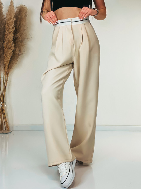 Dámské béžové široké kalhoty s vysokým pasem a bílým lemem LEMON