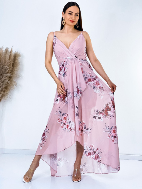 Dámské dlouhé růžové květované společenské šaty