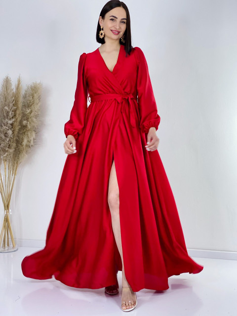 Dámské dlouhé saténové šaty s dlouhým rukávem Vanes - červené
