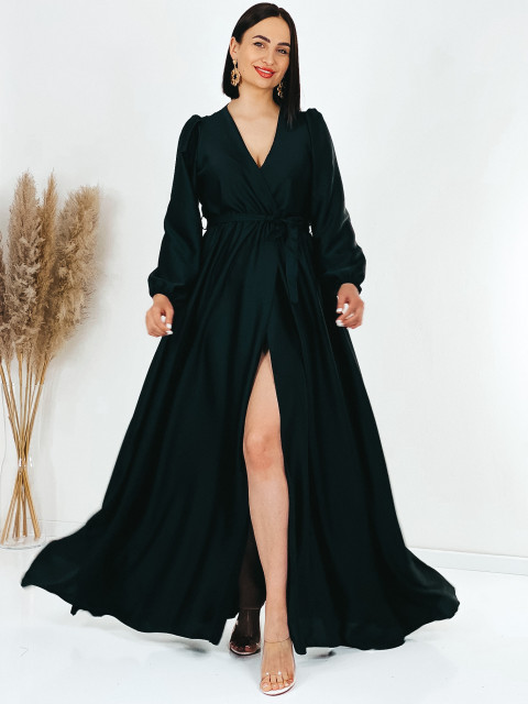 Dámské dlouhé saténové šaty s dlouhým rukávem Vanes - černé