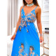 Dámské dlouhé vzorované saténové šaty s rozparkem a páskem - modré