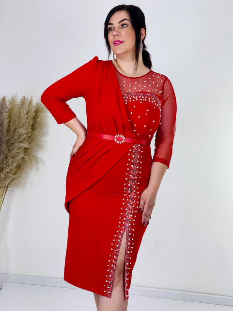Luxusní společenské šaty s perlami a páskem pro moletky - červené