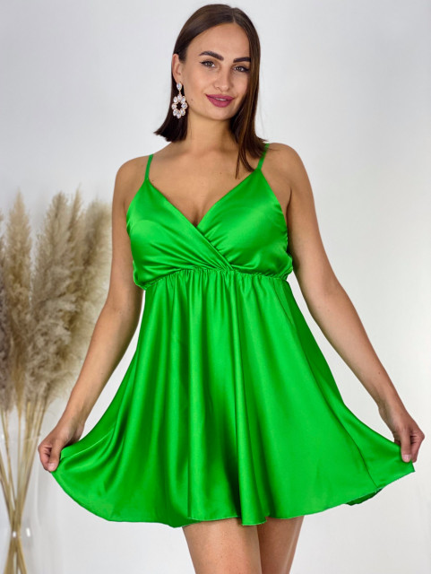 Dámské krátké saténové šaty na ramínka - zelené