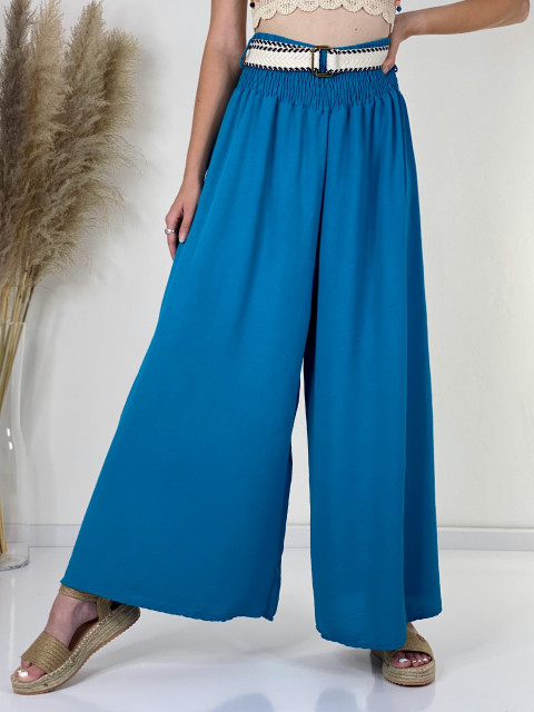 Tyrkysové dámské široké kalhoty s páskem