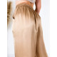 Saténové dámské široké kalhoty s vysokým pasem - hnědé