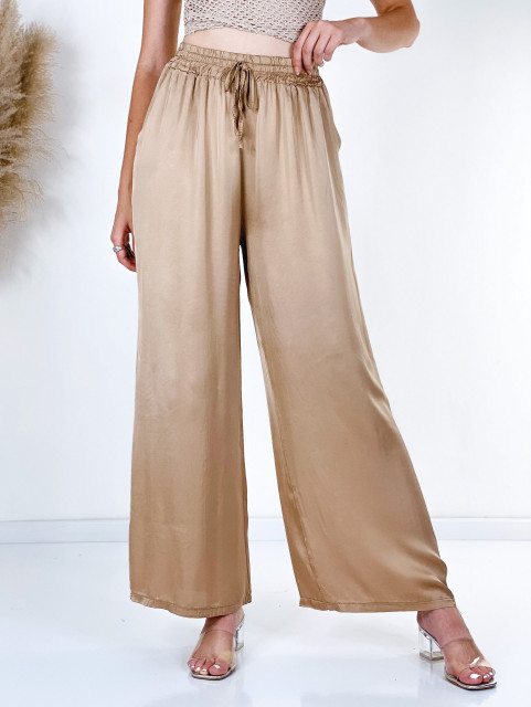 Saténové dámské široké kalhoty s vysokým pasem - hnědé