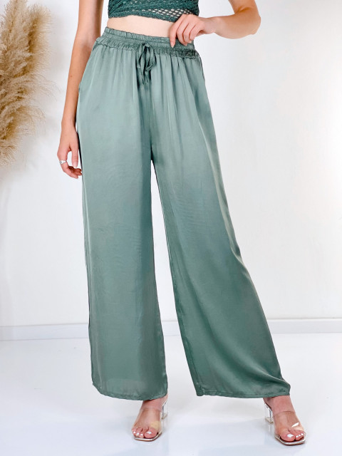 Saténové dámské široké kalhoty s vysokým pasem - zelené