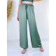 Saténové dámské široké kalhoty s vysokým pasem - zelené