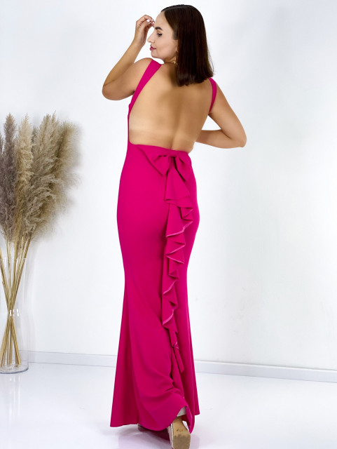 Dlouhé dámské společenské šaty s mašlí a odhalenými zády - růžové