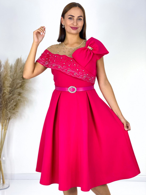 Dámské áčkové šaty pro moletky s mašlí a páskem - růžové