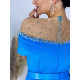 Dámské společenské šaty pro moletky s páskem a kamínky - modré