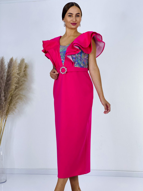 Dámské růžové společenské šaty s flitry a páskem pro moletky