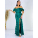 Dlouhé dámské společenské šaty s flitry a ozdobnými pírky - zelené
