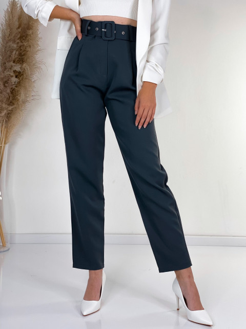 Dámské šedé elegantní kalhoty s vysokým pasem a páskem LIA