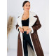 Dámský dlouhý koženkový zateplený zimní kabát s páskem - hnědý