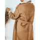 Dámský dlouhý koženkový zateplený zimní kabát s páskem - camel