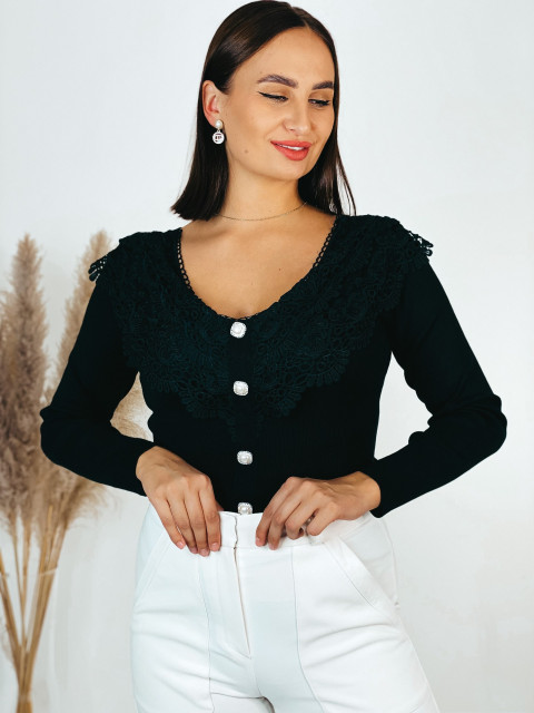 Dámský elegantní svetr s krajkou a knoflíčky - černý