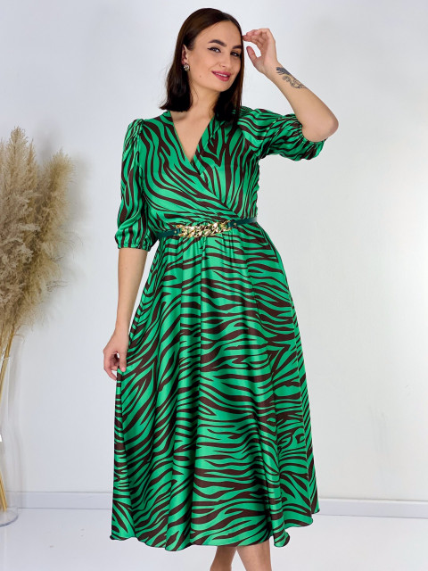Dámské saténové midi společenské šaty s páskem - zelené