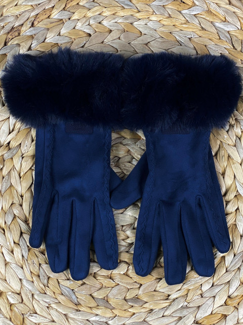 Dámské modré rukavice s mohutnou kožešinou