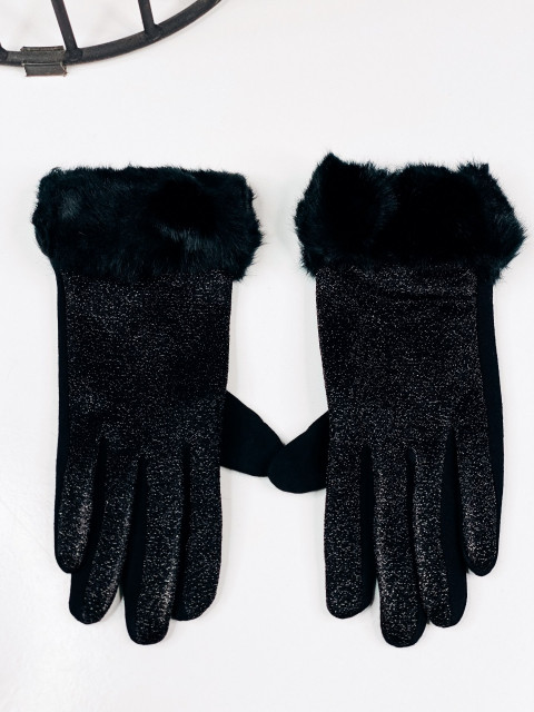 Dámské třpytivé rukavice s kožešinou - černé