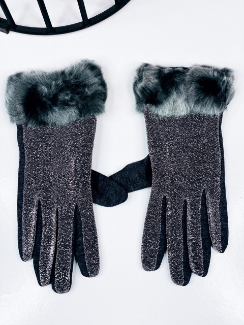 Dámské třpytivé rukavice s kožešinou - tmavě šedé