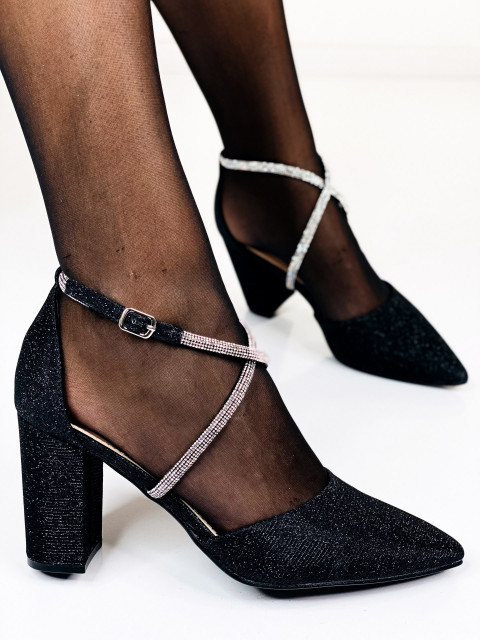Dámské třpytivé sandály na tlustém podpatku - černé