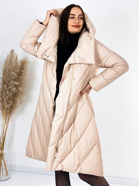 Dámská zimní dlouhá prošívaná bunda s kapucí - béžová
