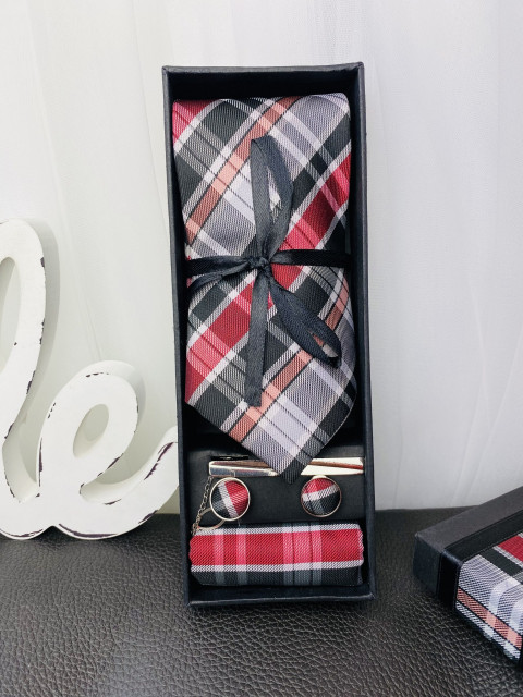 Pánský šedý 4 dílný set: kravata, kapesník, spona a manžetové knoflíky