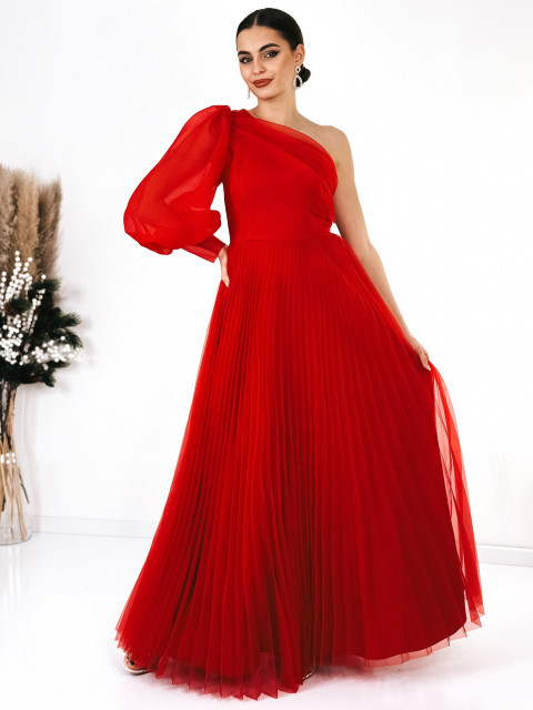 Dámské dlouhé červené společenské šaty se skládanou velkou sukní