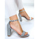 Dámské stříbrné třpytivé sandály na hrubém podpatku