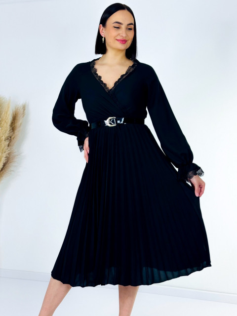 Dámské midi společenské šaty s krajkou a plisovanou sukní - černé