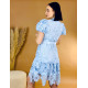 Dámské krajkové šaty s páskem a balonovými rukávy - modré
