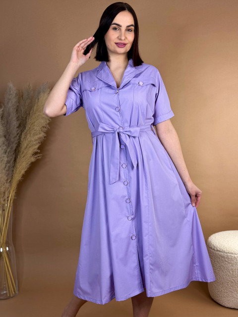 Dámské midi fialové košilové šaty s páskem