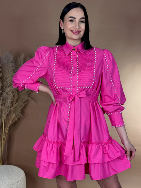 Dámské elegantní šaty s perličkami a páskem - růžové