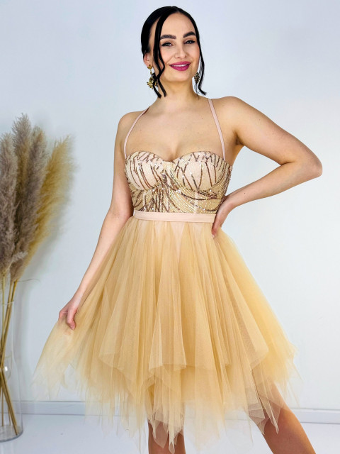 Dámské zlaté krátké áčkové šaty s tylovou sukní 